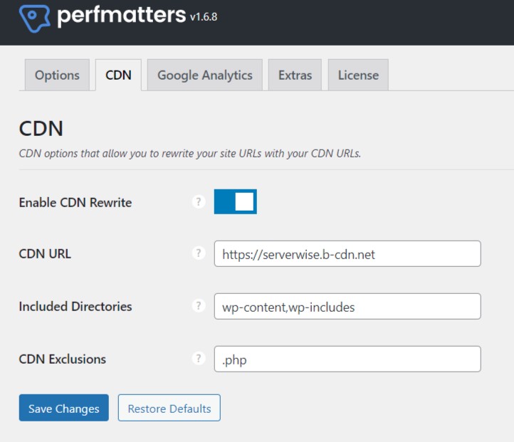 Perfmatters settings makes adding Bunny CDN easy
